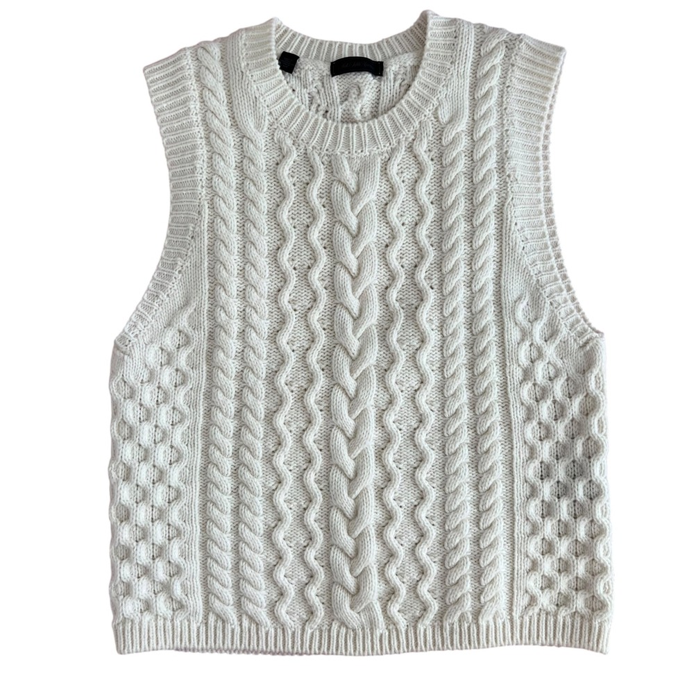 Saks Fifth Avenue Wool Blend Chunky Cable Knit Crew Neck Sweater Vest Ivory S